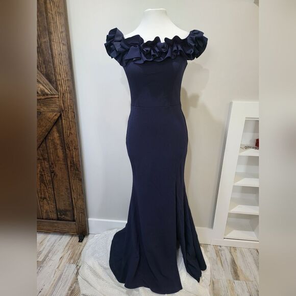 Xscape 4767 Naya Ruffled Off-the-Shoulder Scuba Gown NWT size 12 Navy Blue - Picture 4 of 6